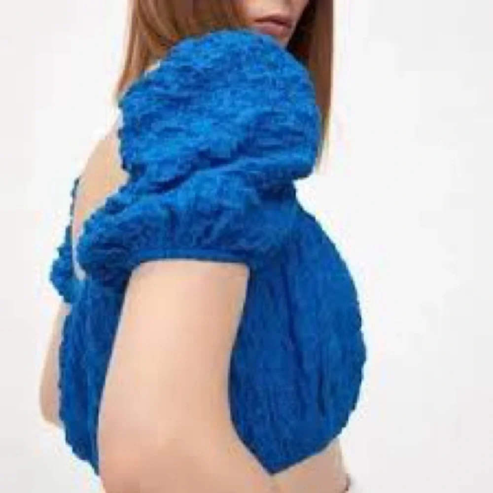 ZARA Cobalt Blue Textured Balloon Puff Sleeve Crop Top Boho Size Large NWT - Picture 2 of 11